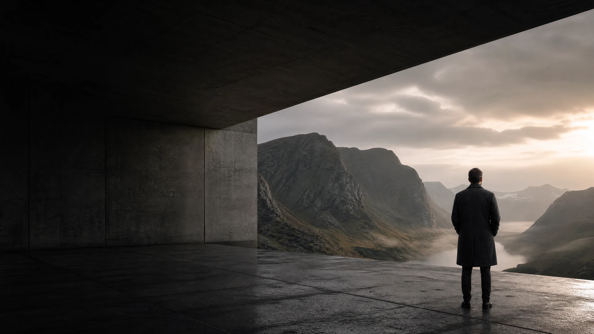 A figure standing within a concrete structure, facing a northern mountain landscape